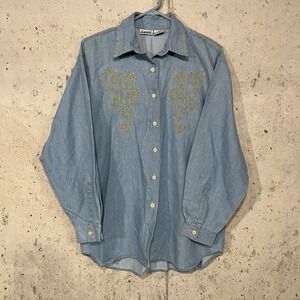 Capacity Vintage Embroidered Chambray Long Sleeve‎ Button Up Women's Large
